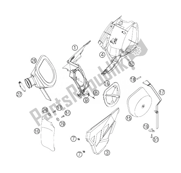 All parts for the Air Filter Box of the KTM 250 EXC F SIX Days Europe 2007