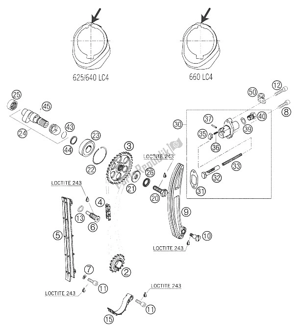 All parts for the Camshaft - Chain - Tensioner 625,640,660 Lc4 of the KTM 625 SXC Australia United Kingdom 2005