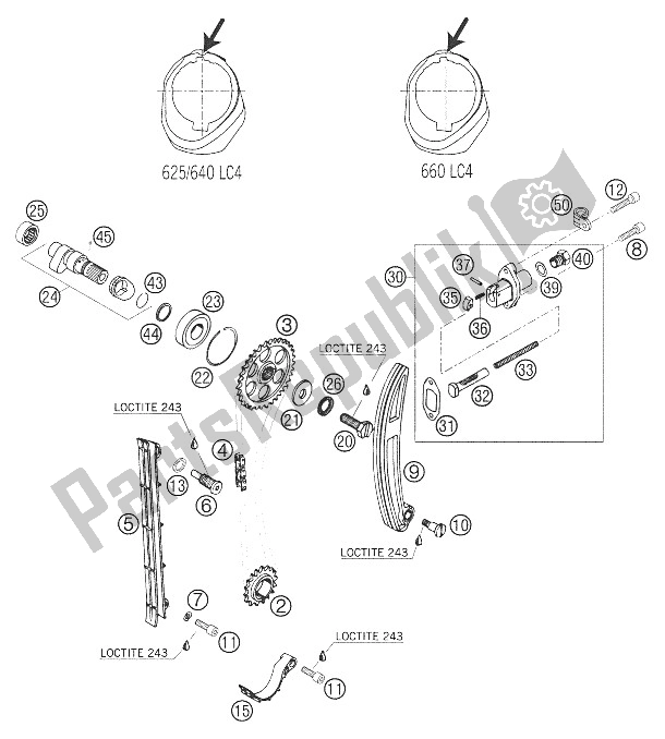 All parts for the Camshaft - Chain - Tensioner 625,640,660 Lc4 of the KTM 640 Duke II Red United Kingdom 2005