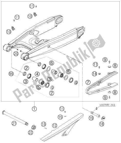 All parts for the Swing Arm of the KTM 950 Supermoto Orange 07 Australia United Kingdom 2007