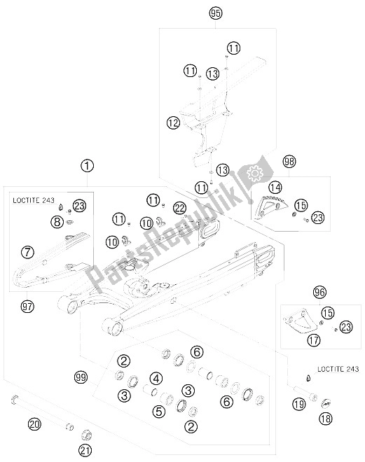 All parts for the Swing Arm of the KTM 990 Adventure S Australia United Kingdom 2008