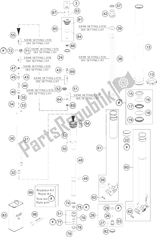 Alle onderdelen voor de Voorvork Gedemonteerd van de KTM 125 SX Europe 2015