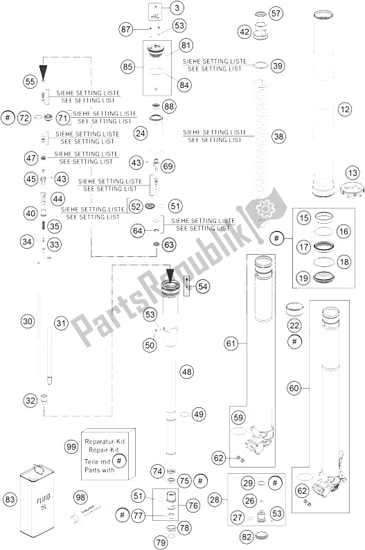 All parts for the Front Fork Disassembled of the KTM 250 SX Europe 2015