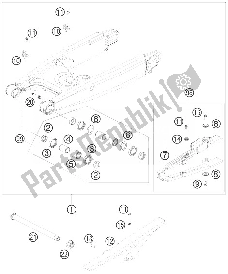 All parts for the Swing Arm of the KTM 990 Supermoto T Orange Australia United Kingdom 2010