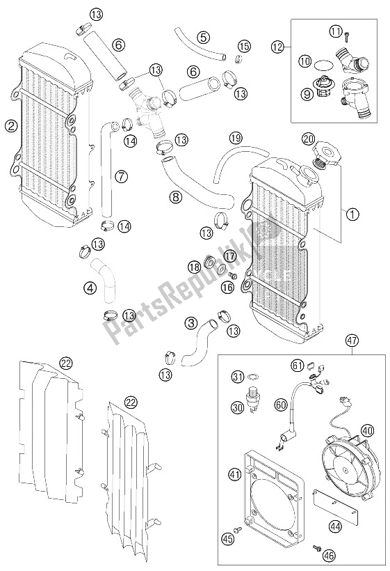 All parts for the Cooling System of the KTM 525 EXC G Racing USA 2006