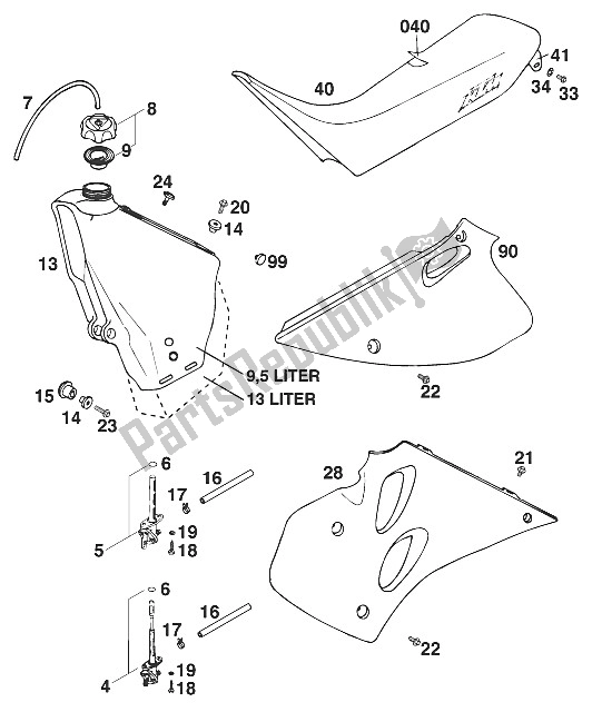 Toutes les pièces pour le Réservoir - Siège - Housse '96 du KTM 250 SX M O USA 1996