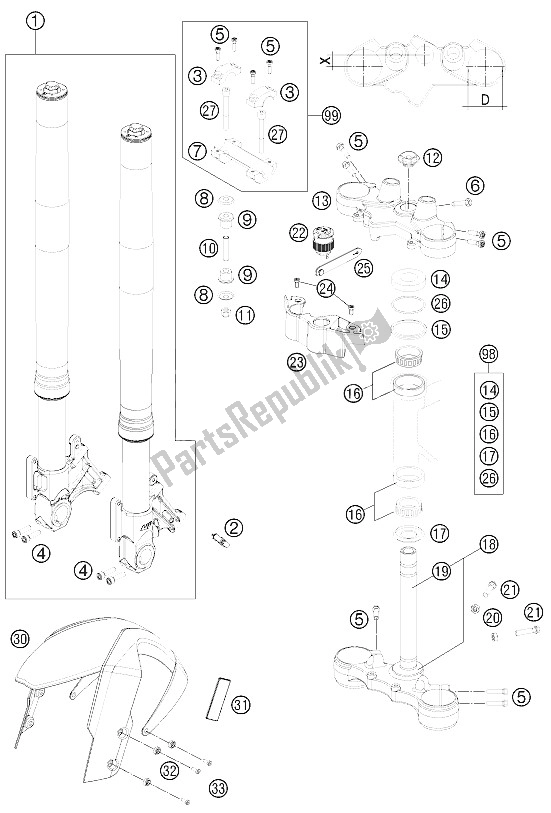 Alle onderdelen voor de Voorvork, Drievoudige Klem van de KTM 990 Superm T Orange ABS Australia United Kingdom 2011