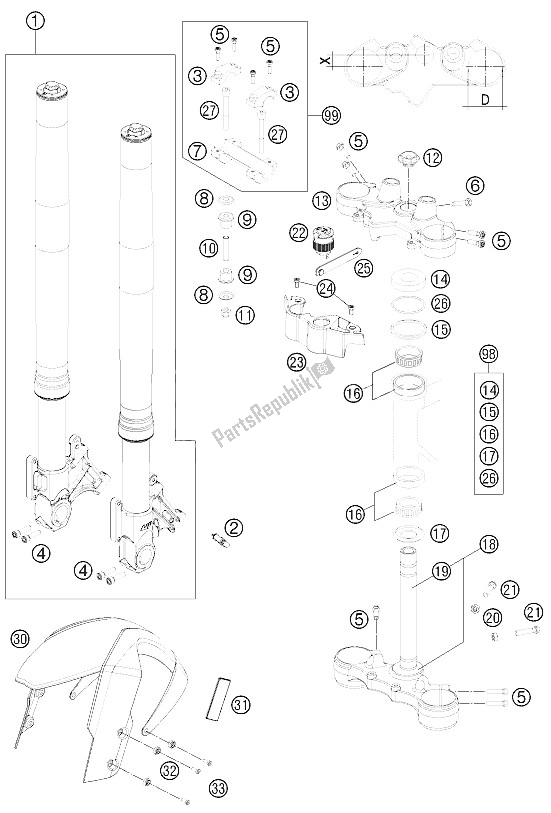 All parts for the Front Fork, Triple Clamp of the KTM 990 Superm T Orange ABS Europe 2011