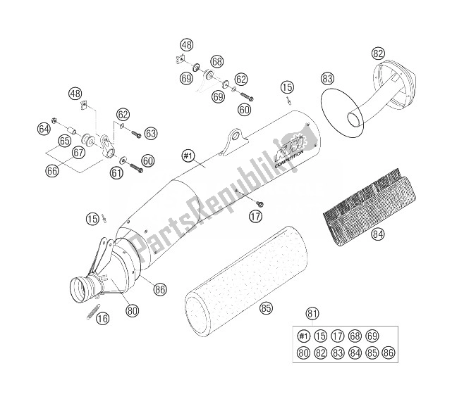 All parts for the Exhaust Silencer of the KTM 625 SXC Australia United Kingdom 2007