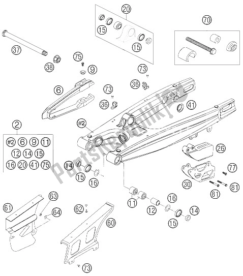 All parts for the Swingarm, Chain Guard of the KTM 250 EXC Factory Europe 2005