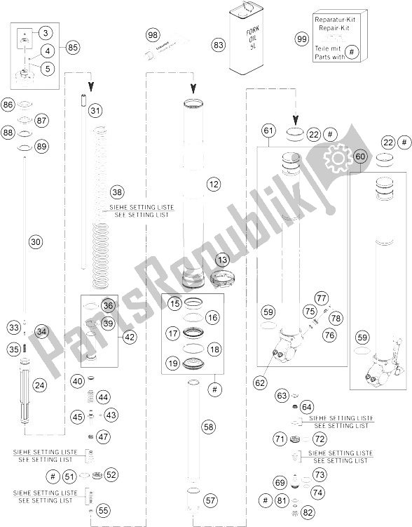 All parts for the Front Fork Disassembled of the KTM 690 Enduro R Australia United Kingdom 2012