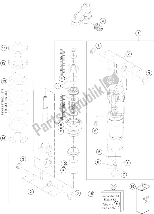 All parts for the Monoshock Disassembled of the KTM 65 SX Europe 2016