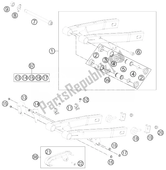 All parts for the Swing Arm of the KTM 50 SX Mini Europe 2014