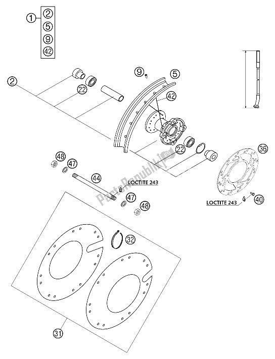 Tutte le parti per il Ruota Anteriore 50 Sx Lc 2002 del KTM 50 SX PRO Senior LC Europe USA 2002