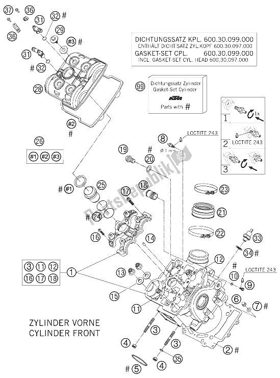 All parts for the Cylinder Head Front of the KTM 990 Adventure Orange ABS Australia United Kingdom 2006