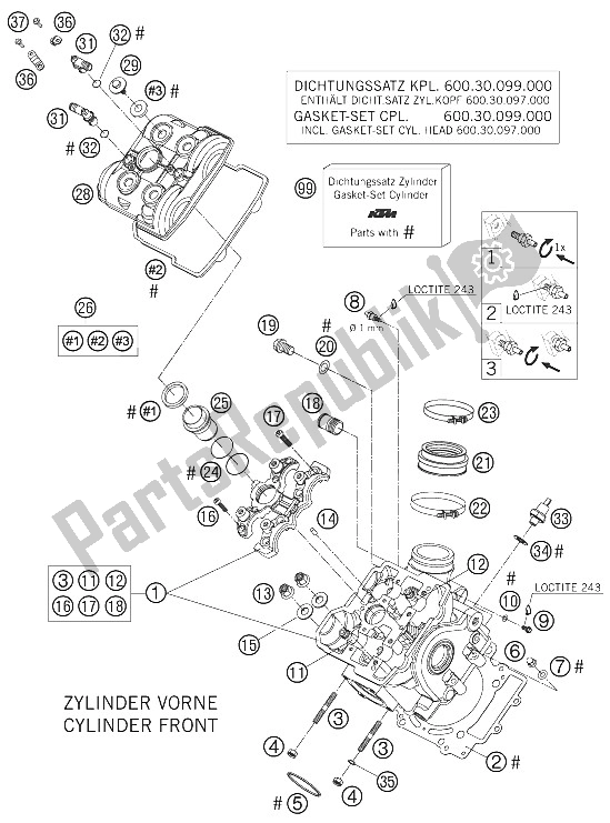 All parts for the Cylinder Head Front of the KTM 990 Superduke Titanium Australia United Kingdom 2006