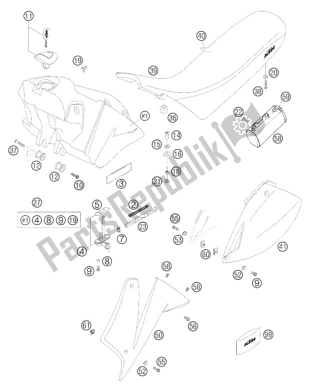 Tutte le parti per il Serbatoio, Sedile, Coperchio del KTM 640 LC4 Enduro Orange Europe 2005