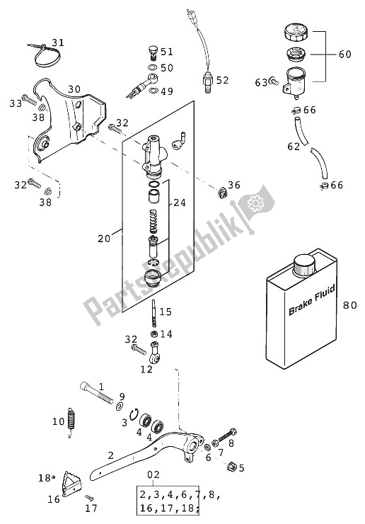 Todas las partes para Control De Freno Trasero 125-380 20 de KTM 125 EXC Europe 2001