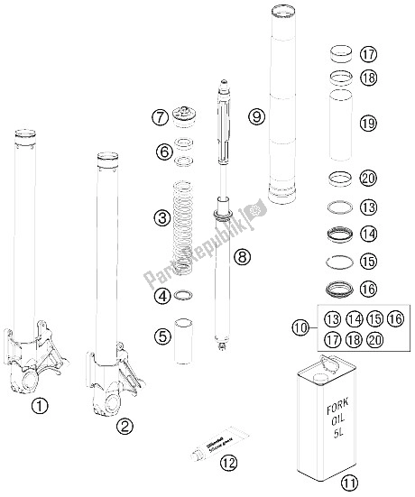 All parts for the Front Fork Disassembled of the KTM 990 Super Duke Black Europe 2011