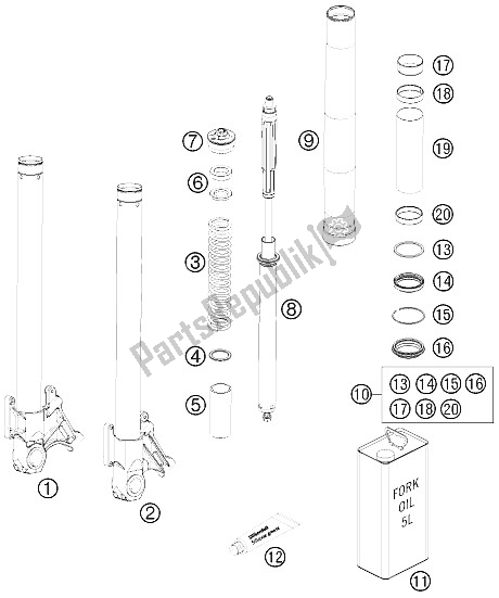 All parts for the Front Fork Disassembled of the KTM 990 Super Duke Black France 2011