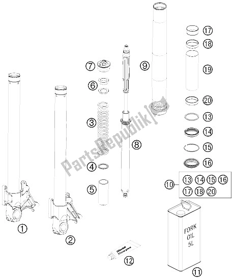Alle onderdelen voor de Voorvork Gedemonteerd van de KTM 990 Super Duke Black France 2011