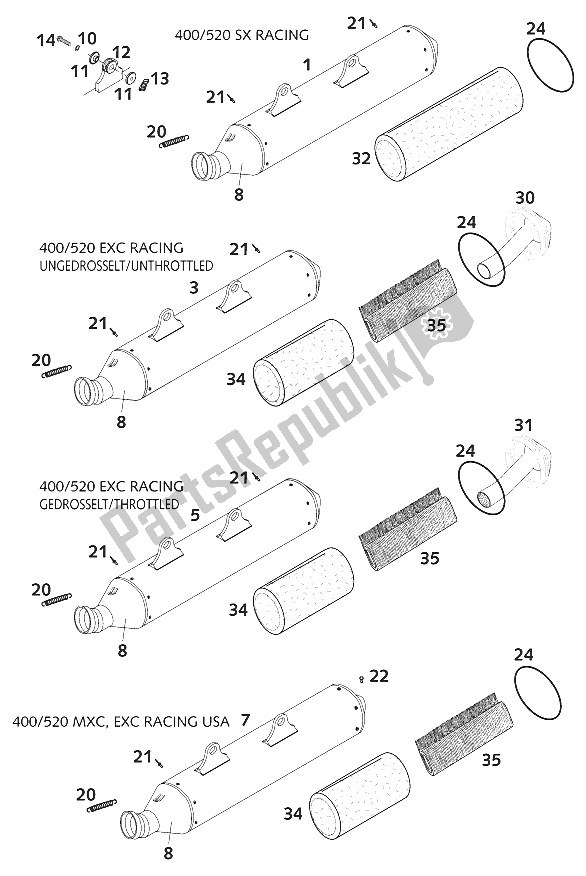 All parts for the Main Silencer 400/520 Racing of the KTM 520 EXC Racing Australia 2001