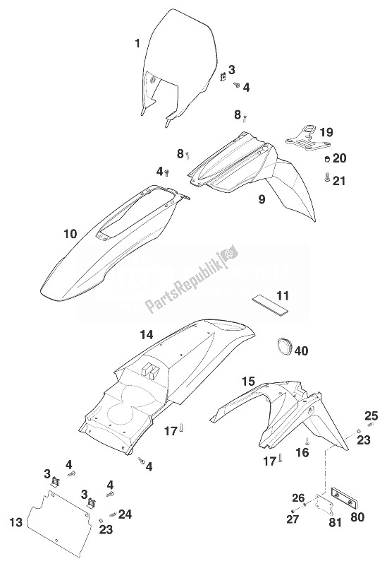 Tutte le parti per il Maschera - Parafango Lc4 '99 del KTM 400 LC4 R Europe 1999