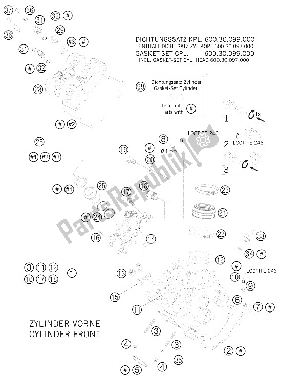 All parts for the Cylinder Head Front of the KTM 990 Super Duke Black Europe 2009