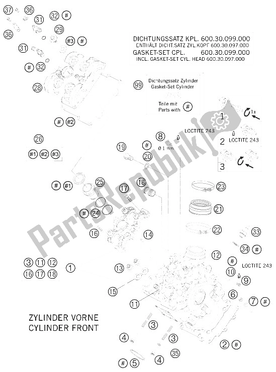 All parts for the Cylinder Head Front of the KTM 990 Super Duke Orange Europe 2008