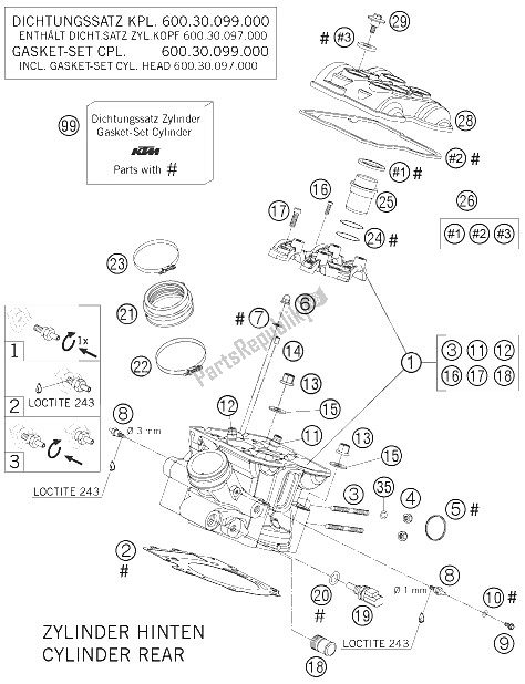 Tutte le parti per il Testata Posteriore 950 Avvento del KTM 950 Adventure Black USA 2005