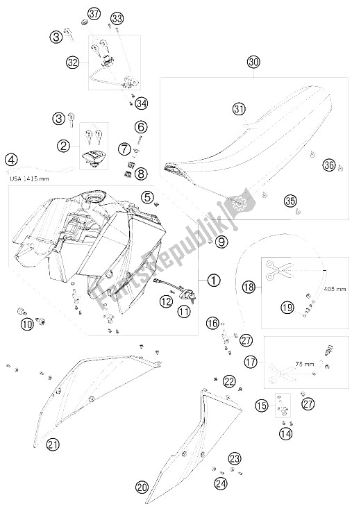 Todas las partes para Tanque, Asiento, Tapa de KTM 690 Supermoto Black Australia United Kingdom 2008