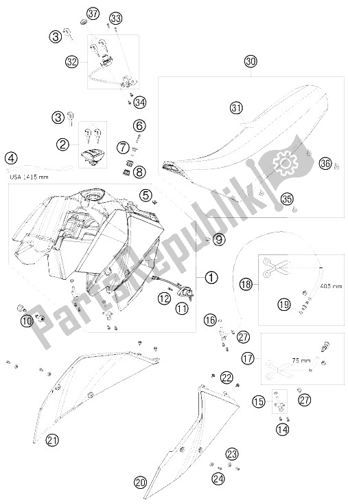 Todas las partes para Tanque, Asiento, Tapa de KTM 690 Supermoto Black Australia United Kingdom 2008