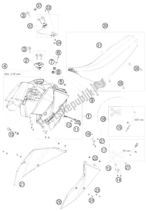 All parts for the Tank, Seat, Cover of the KTM 690 Supermoto Orange Australia United Kingdom 2008