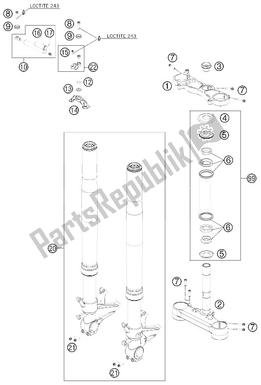 All parts for the Front Fork, Triple Clamp of the KTM 1190 RC 8 R TNT Edit Europe 2009