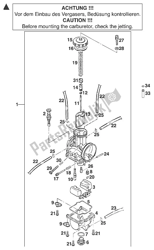 Tutte le parti per il Carburatore Keihin Pwk 39 '99 del KTM 200 EXC GS 8 KW Europe 2000