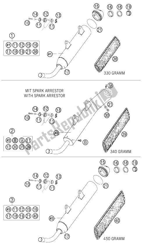 Toutes les pièces pour le Silencieux 250/300 du KTM 300 EXC Europe 2005