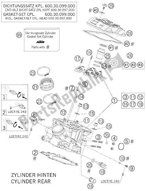 Alle onderdelen voor de Cilinderkop Achter van de KTM 950 Supermoto Orange Europe 2006