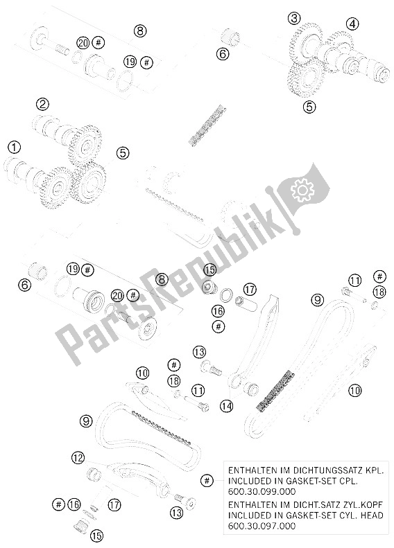 All parts for the Timing Drive of the KTM 990 Super Duke Black Europe 2009