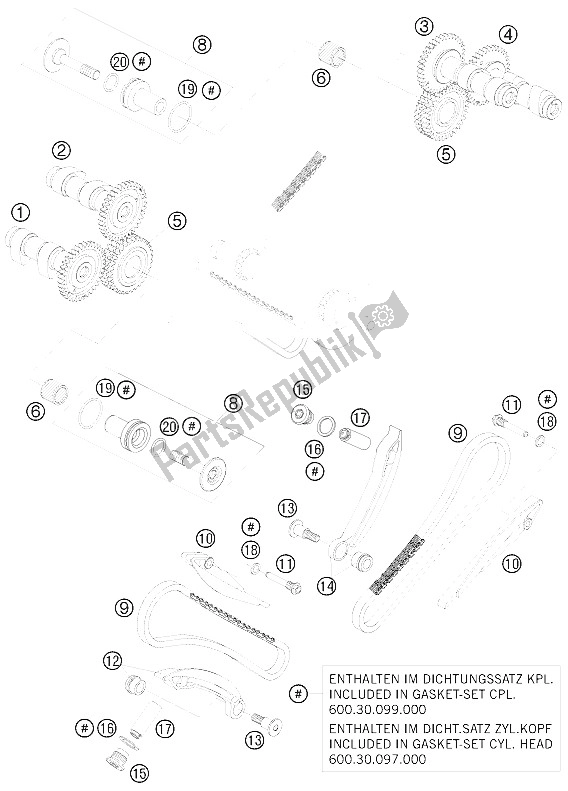 All parts for the Timing Drive of the KTM 990 Super Duke Black France 2008