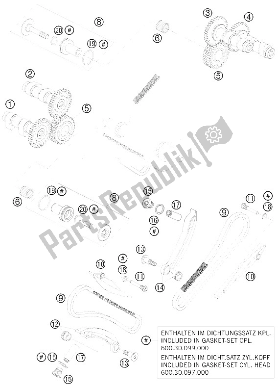 All parts for the Timing Drive of the KTM 990 Super Duke Orange Europe 2009