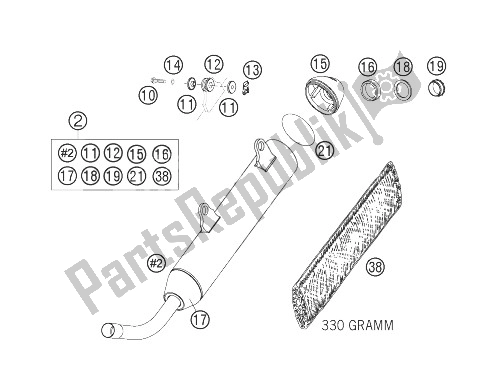 All parts for the Exhaust Silencer of the KTM 125 EXC Europe 2007