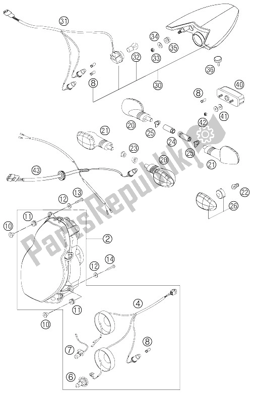 All parts for the Lighting System of the KTM 990 Superduke Orange Australia United Kingdom 2005