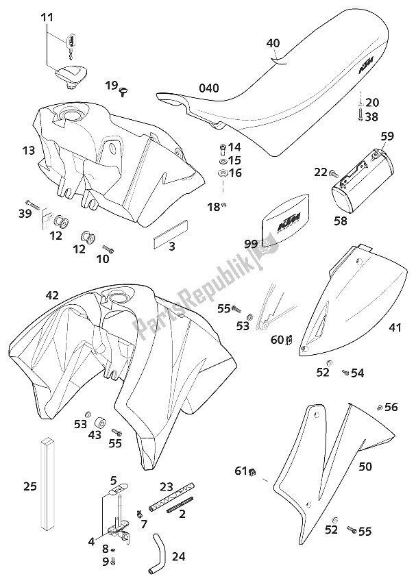 Todas las partes para Tanque, Asiento, Tapa de KTM 400 LC4 E Europe 2001