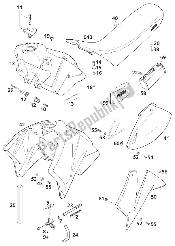 Tutte le parti per il Serbatoio, Sedile, Coperchio del KTM 640 LC 4 Silber USA 2001