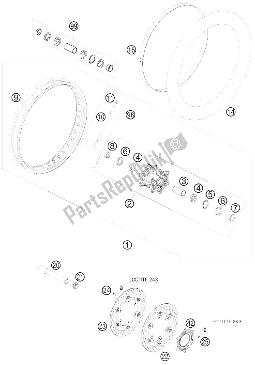 All parts for the Front Wheel of the KTM 990 Adventure Orange ABS 09 USA 2009