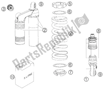 All parts for the Shock Absorber Disassembled of the KTM 950 Supermoto Black USA 2006