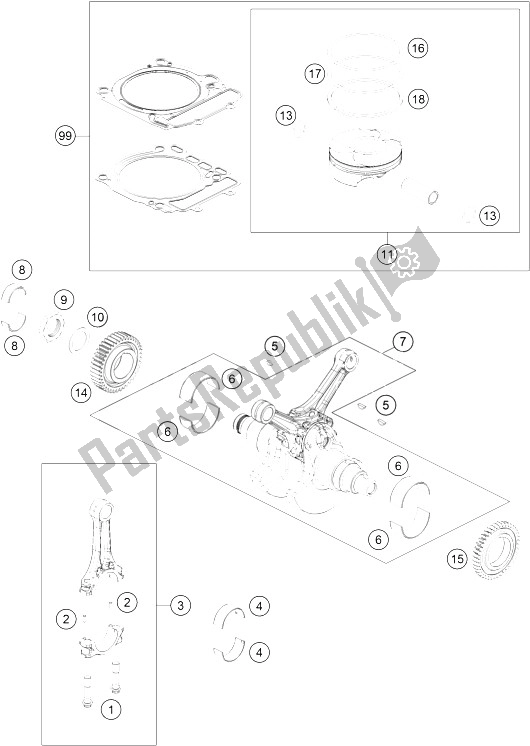 All parts for the Crankshaft, Piston of the KTM 1290 Superduke R Orange ABS 15 Australia 2015