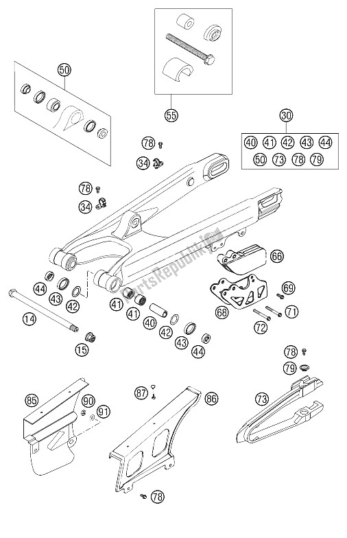 Alle onderdelen voor de Achterbrug 125-380 2001 van de KTM 125 EXC SIX Days Europe 2002