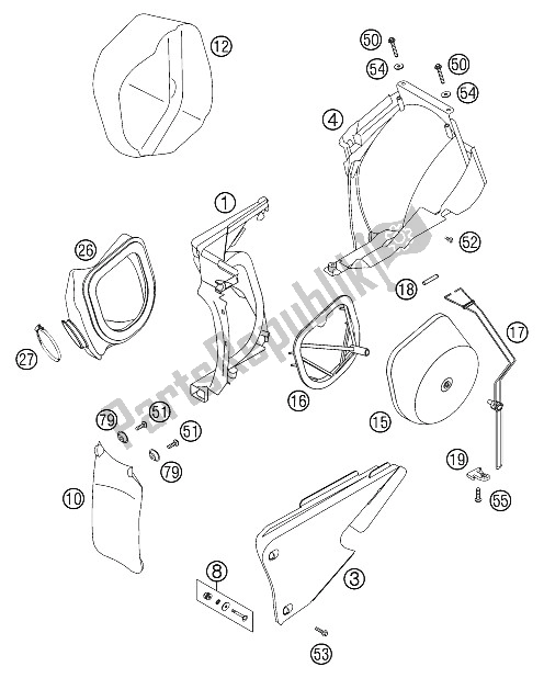Alle onderdelen voor de Luchtfilterkast 125-380 2000 van de KTM 200 EXC USA 2001