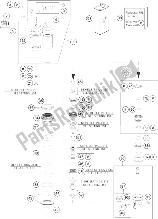 All parts for the Monoshock Disassembled of the KTM 250 EXC Australia 2015